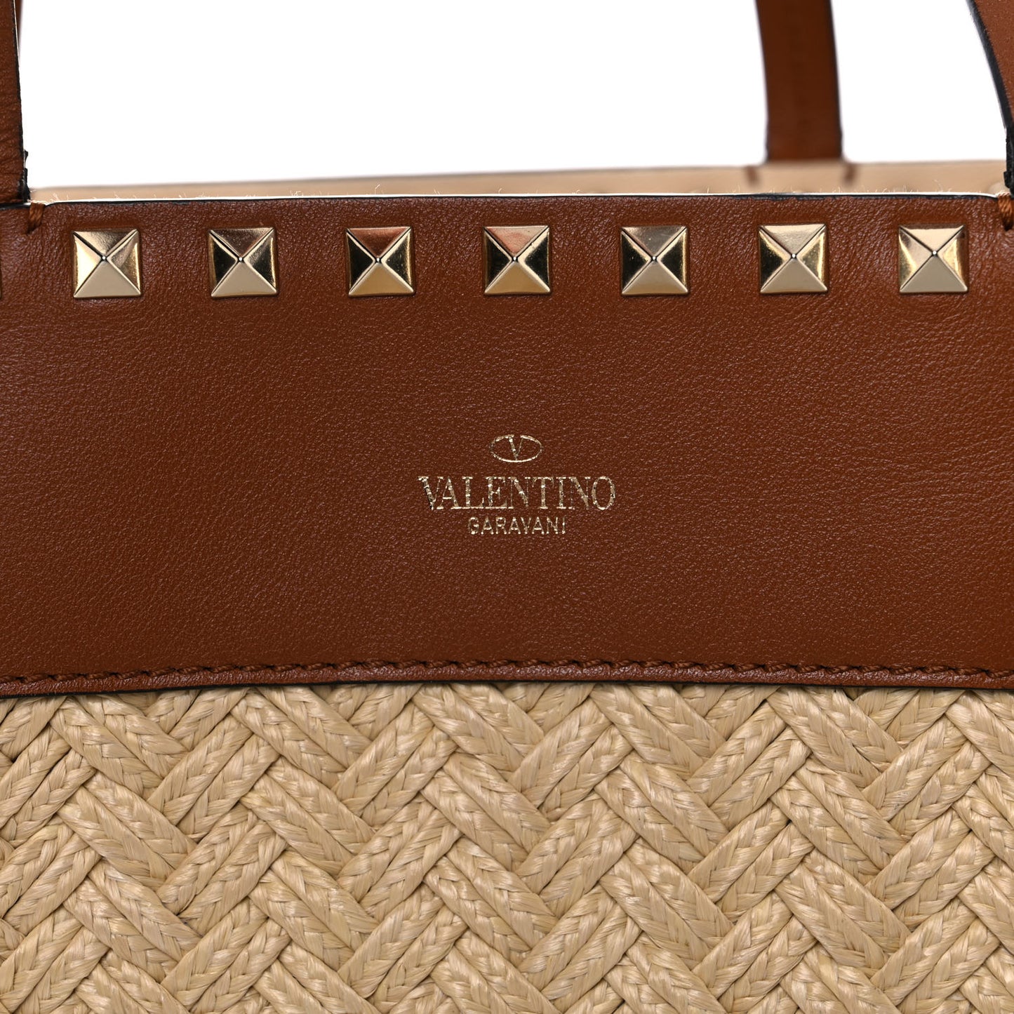 Raffia Calfskin Rockstud Shoulder Tote Naturale Saddle Brown