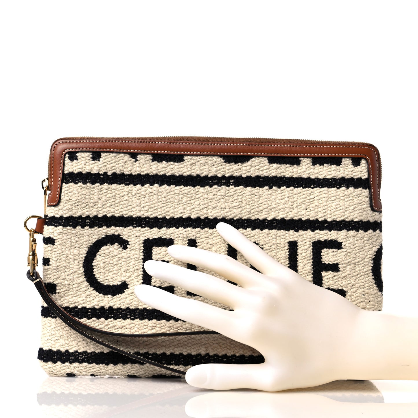 All Over Textile Calfskin Striped Small Pouch White Black