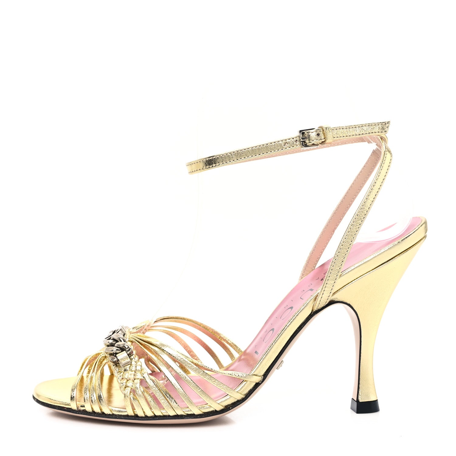 Gucci Metallic Nappa Silk Interlocking G Strap Sandals 35.5 Platino 1 of 9