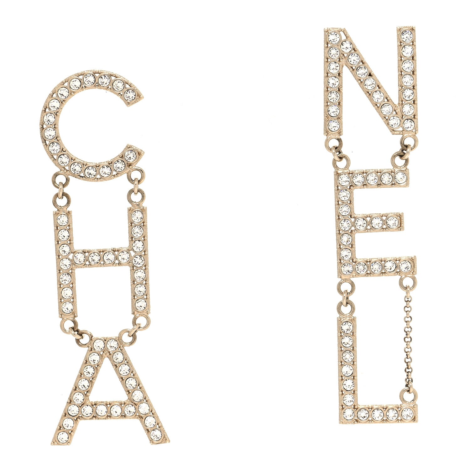 Chanel Crystal Cha-Nel Logo Drop Earrings Gold 1 of 4