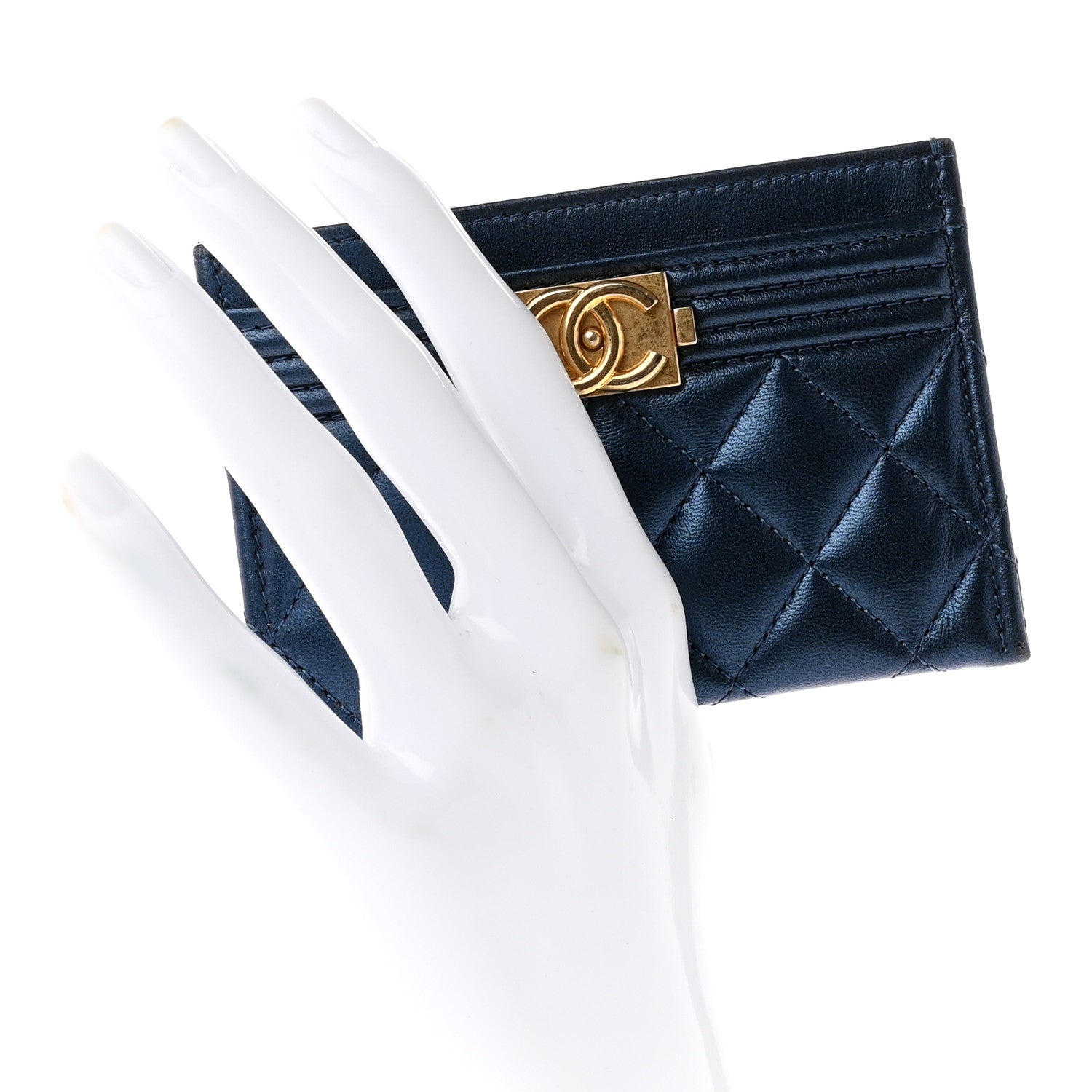 Chanel Metallic Lambskin Quilted Boy Card Holder Navy Blue 2 of 8
