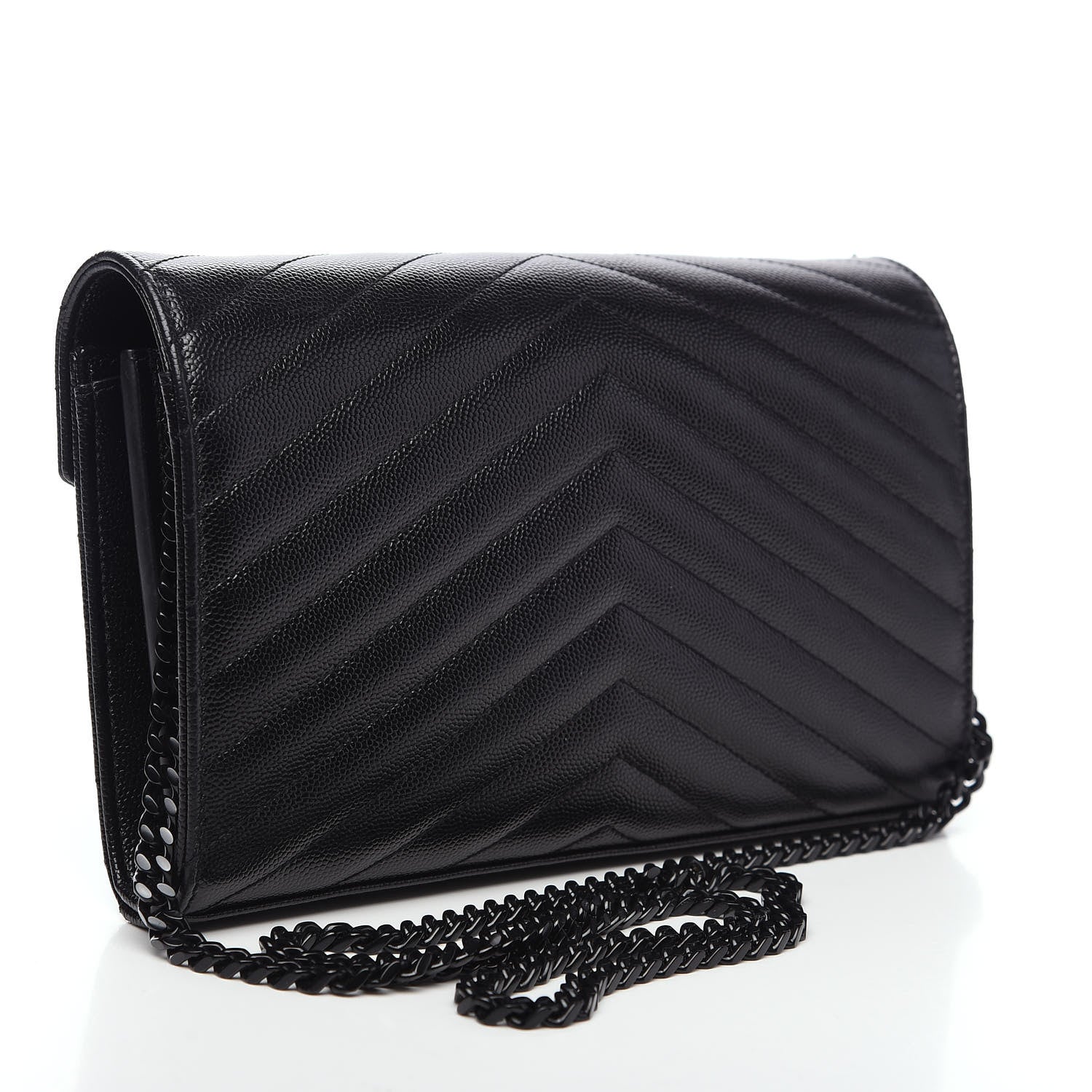 Saint Laurent Grain De Poudre Matelasse Chevron Monogram Chain Wallet Black 2 of 9