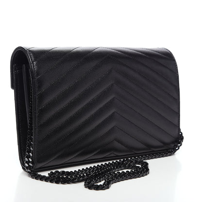Saint Laurent Grain De Poudre Matelasse Chevron Monogram Chain Wallet Black 2 of 9