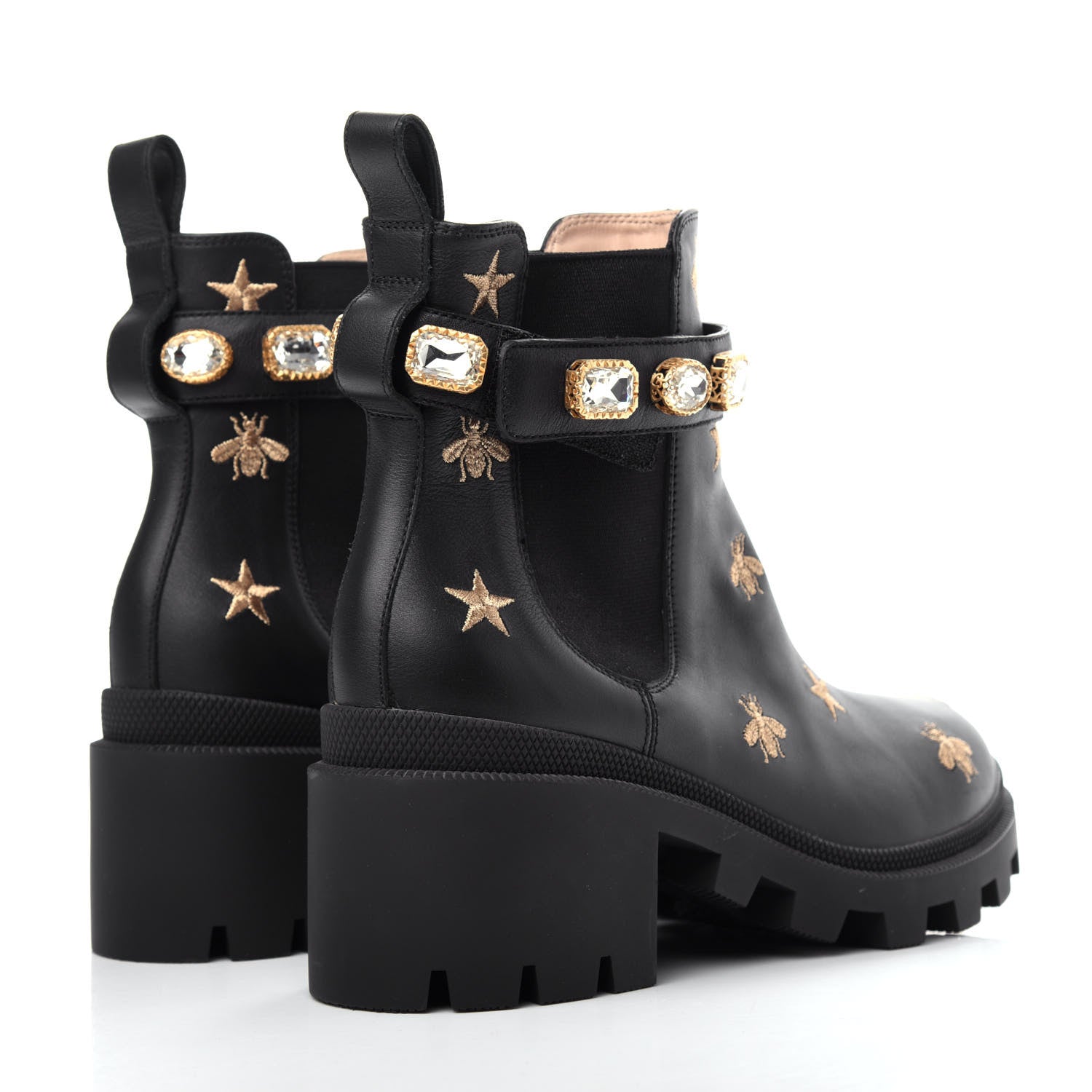 Gucci Calfskin Bee Star Embroidered Belt Ankle Boots 39.5 Black 4 of 10