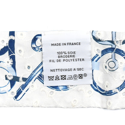 Hermes Silk Embroidered Do Re Boucles Broderie Anglaise Twilly Bleu White Marine 4 of 4