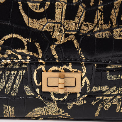 Chanel Calfskin Crocodile Embossed Graffiti 2.55 Cocodile Reissue 225 Flap Black Gold 8 of 14