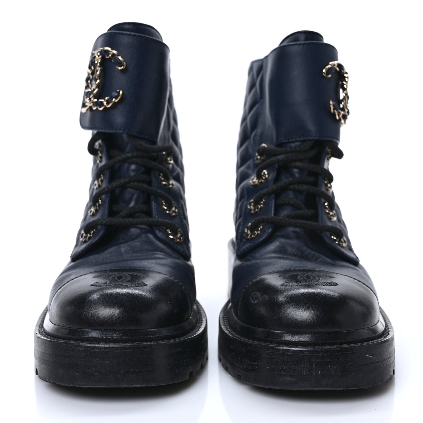 Lambskin Calfskin Quilted Lace Up Combat Boots 37 Navy