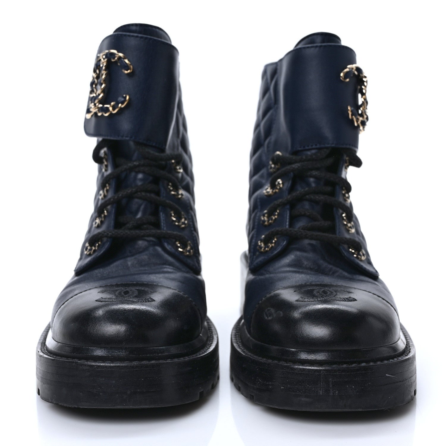 Chanel Lambskin Calfskin Quilted Lace Up Combat Boots 37 Navy 2 of 8