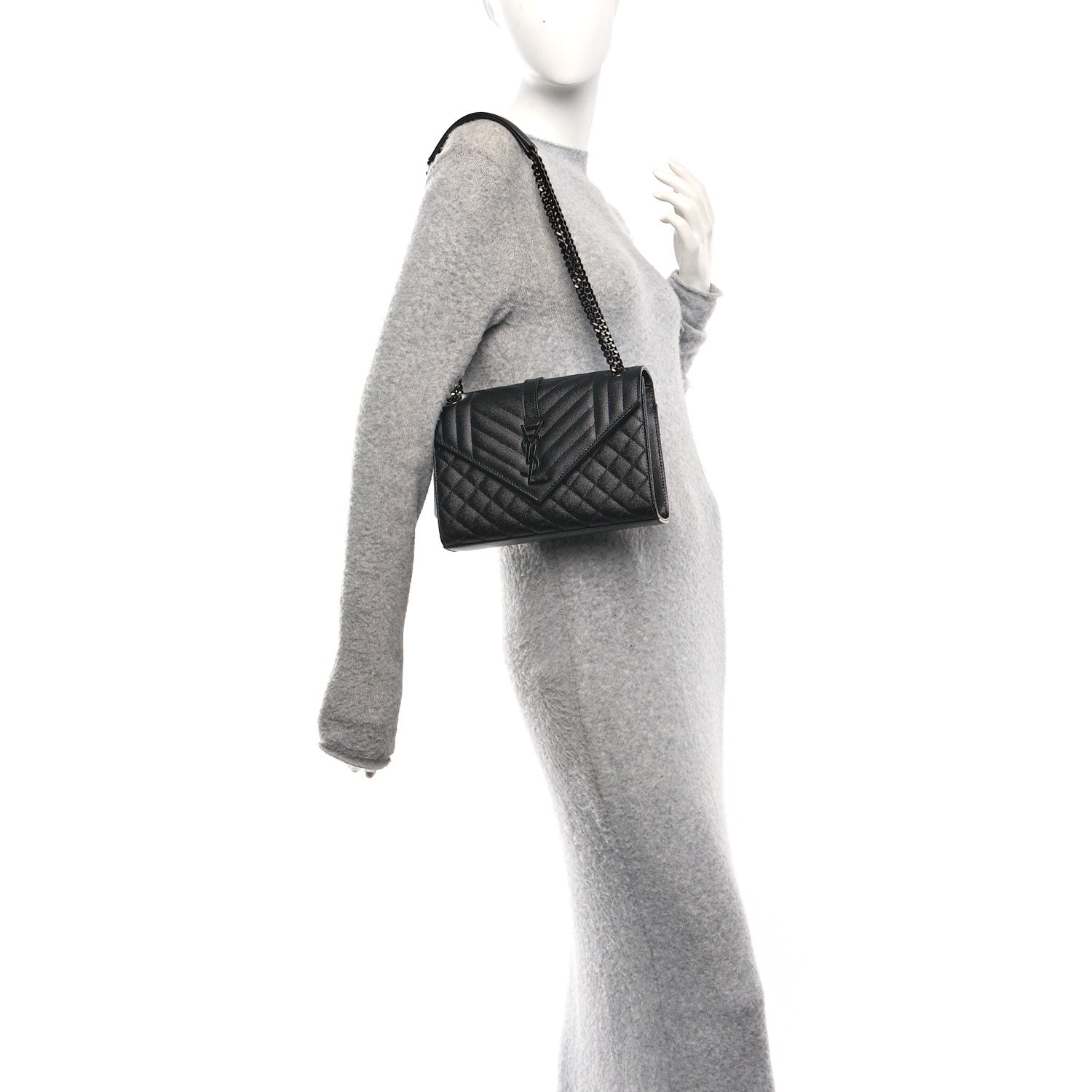 Saint Laurent Grain De Poudre Textured Mixed Matelasse Triquilt Medium Monogram Monochrome Satchel Black 2 of 10