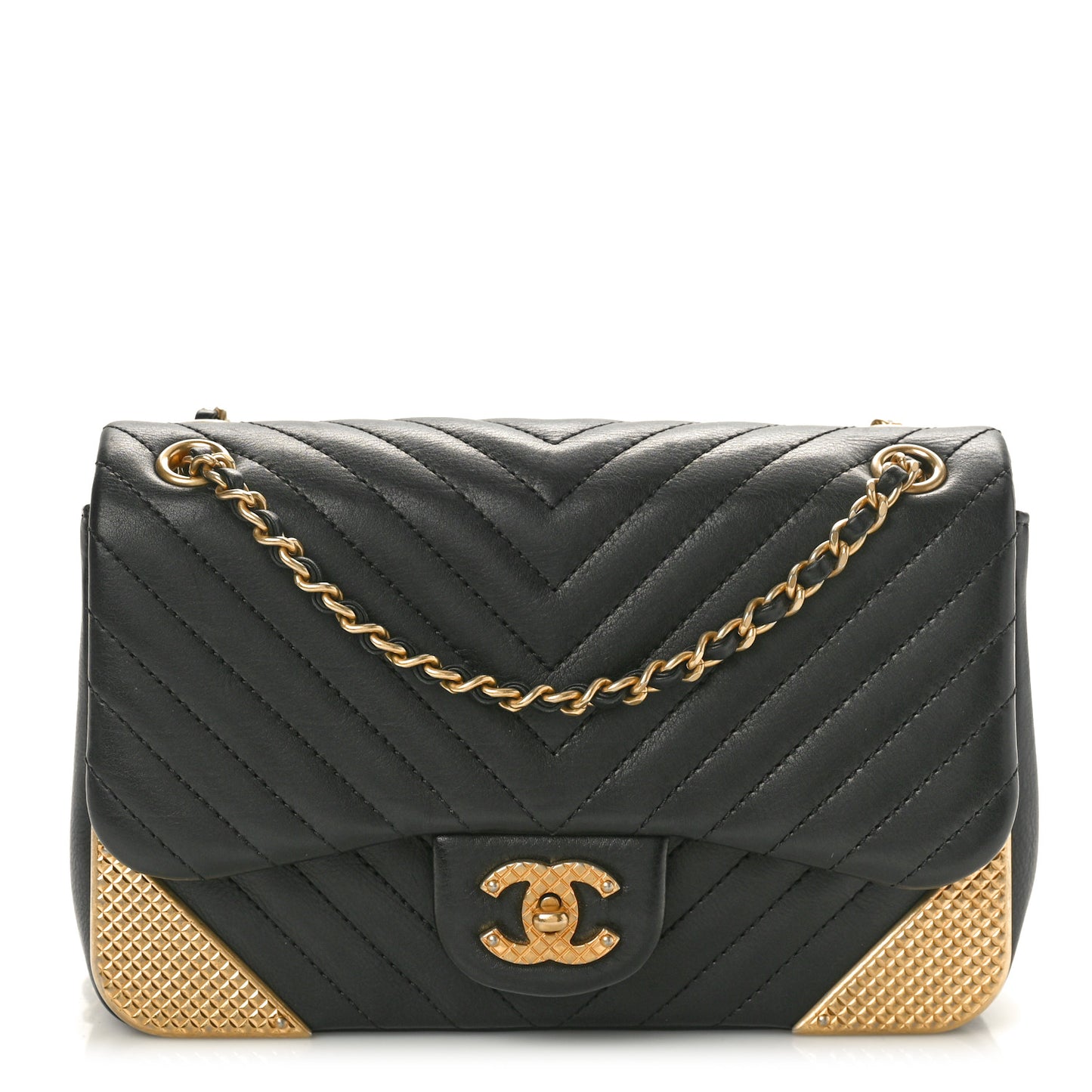 Calfskin Chevron Quilted Mini Rock The Corner Flap Black