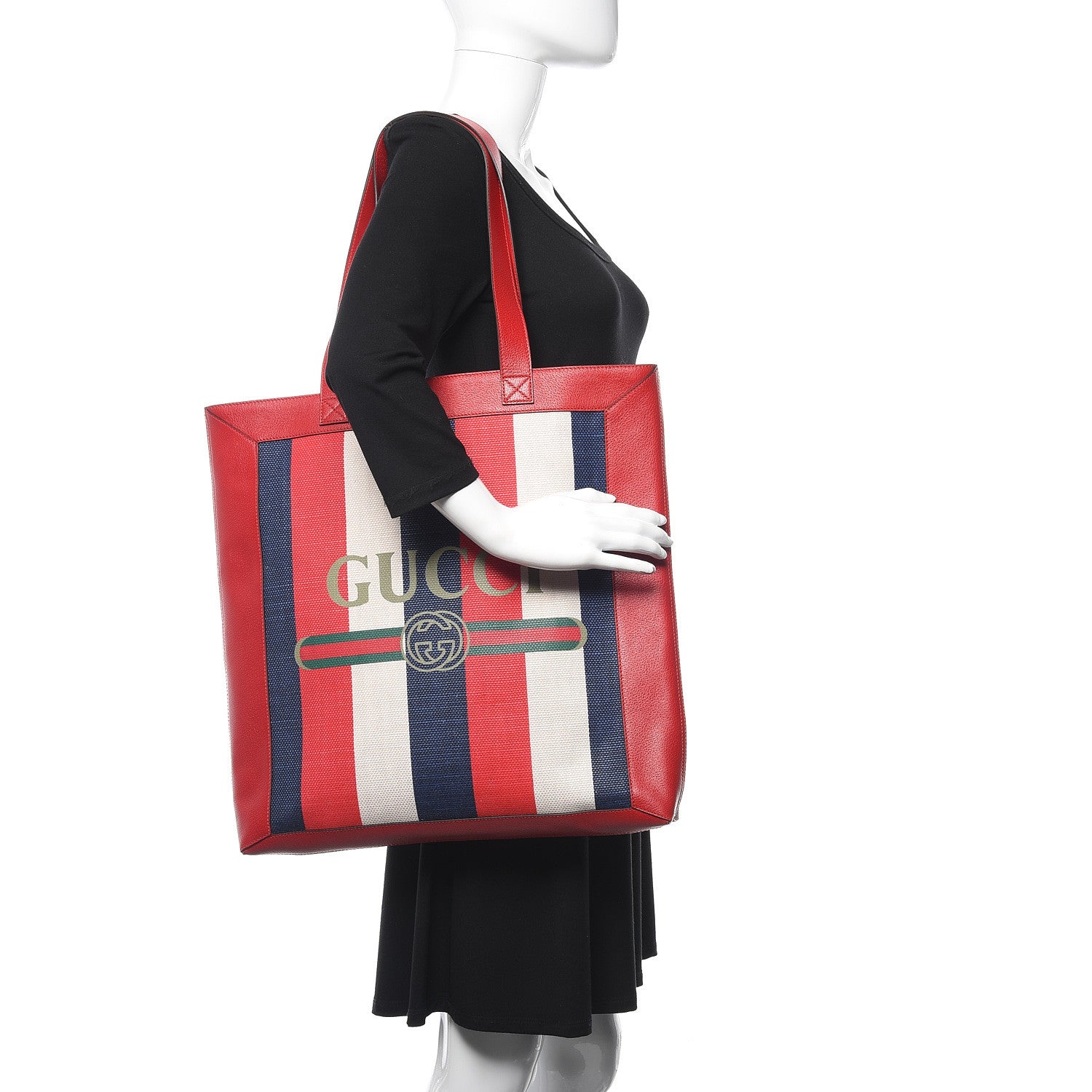 Gucci Canvas Calfskin Sylvie Stripe Logo Mens Tote Red White Blue 2 of 10