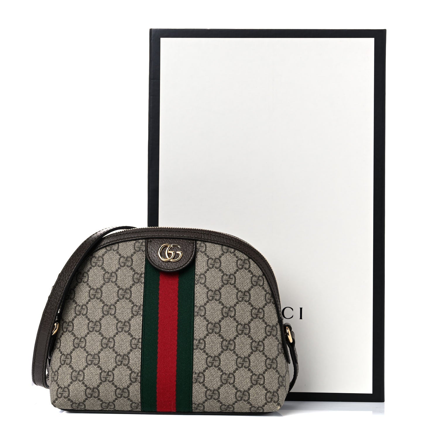 Gucci GG Supreme Monogram Textured Dollar Calfskin Web Small Ophidia Dome Shoulder Bag Beige Ebony New Acero 9 of 15
