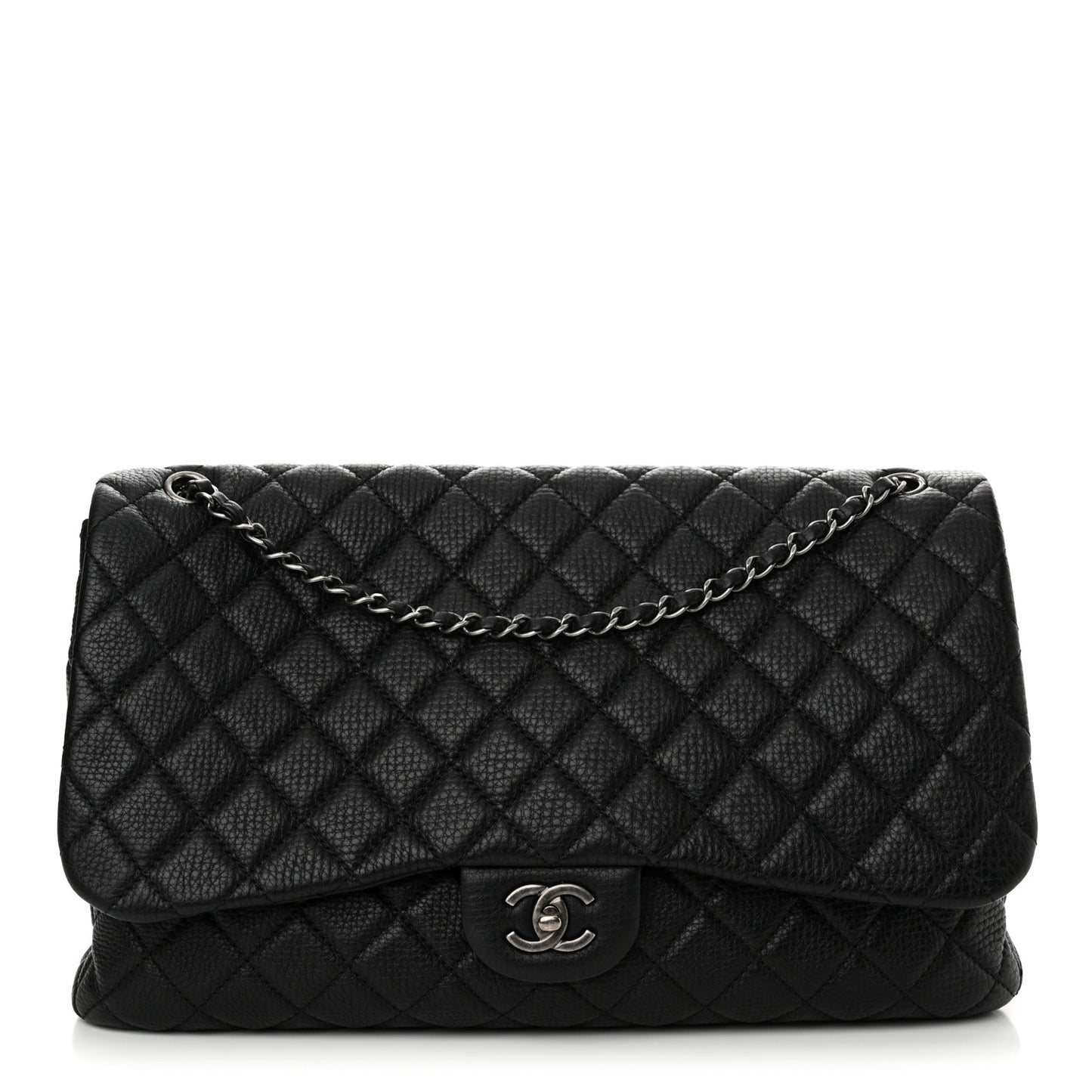 Grained Calfskin Quilted Small XXL Travel Flap Bag Black