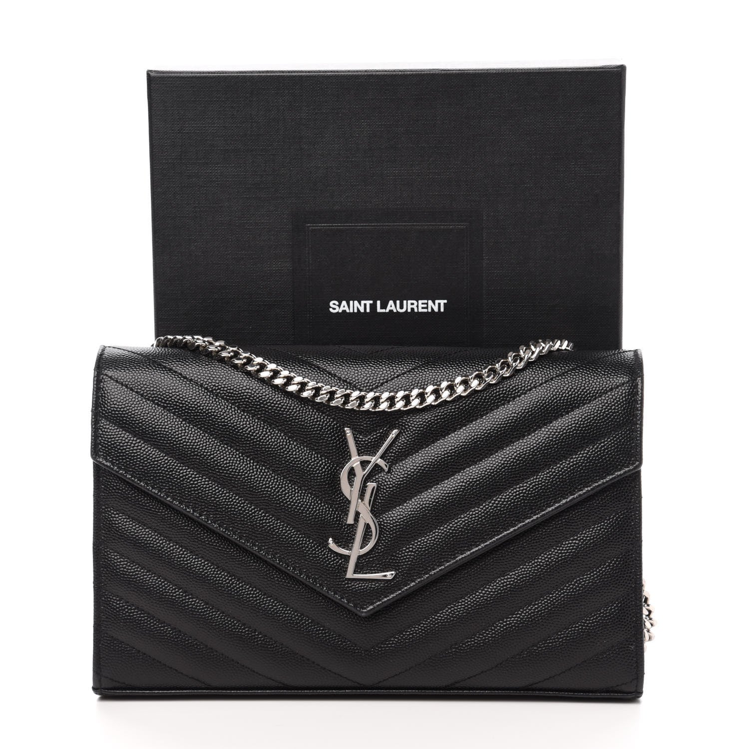 Saint Laurent Grain De Poudre Matelasse Chevron Monogram Chain Wallet Black 10 of 10