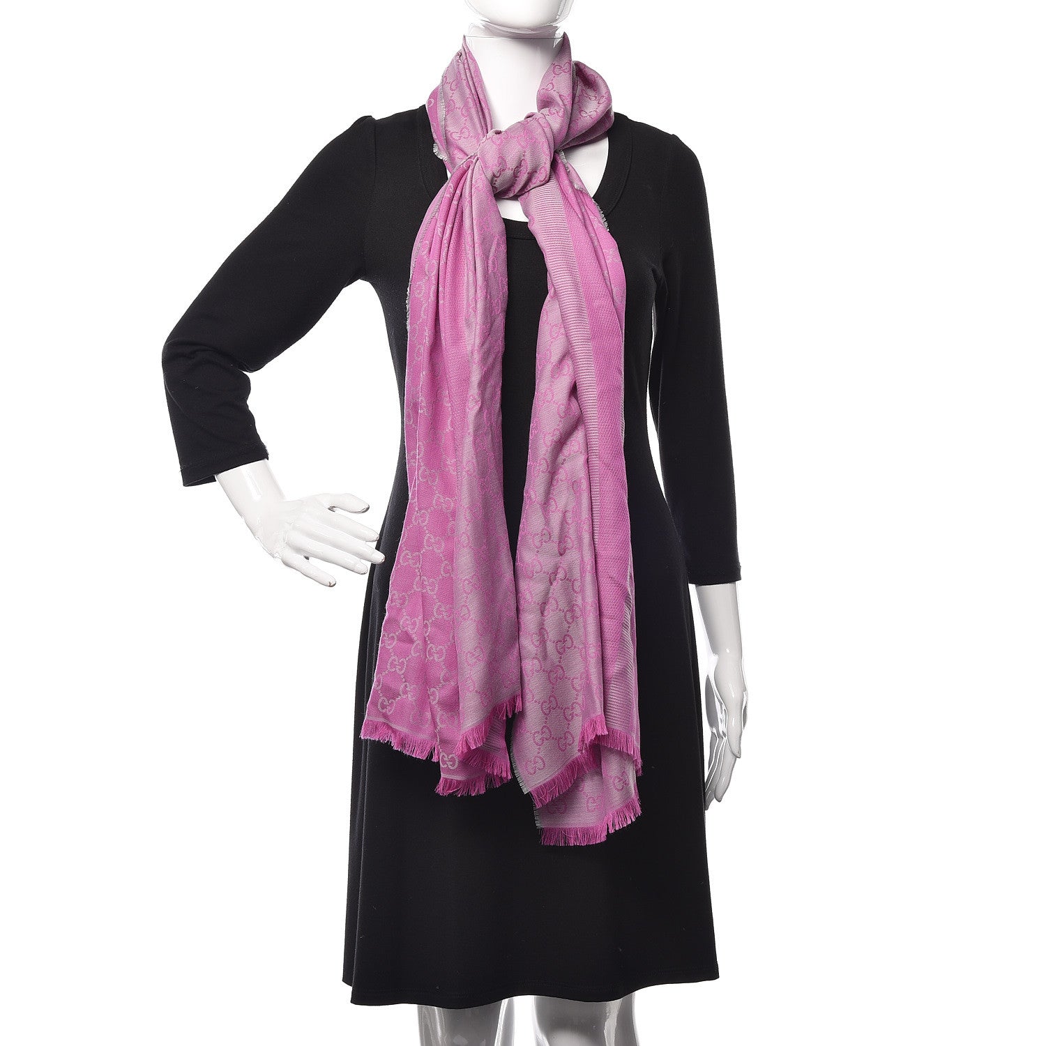 Gucci Wool Silk GG Monogram GGWeblong Fringe Scarf Shawl Zinc Pink 2 of 4
