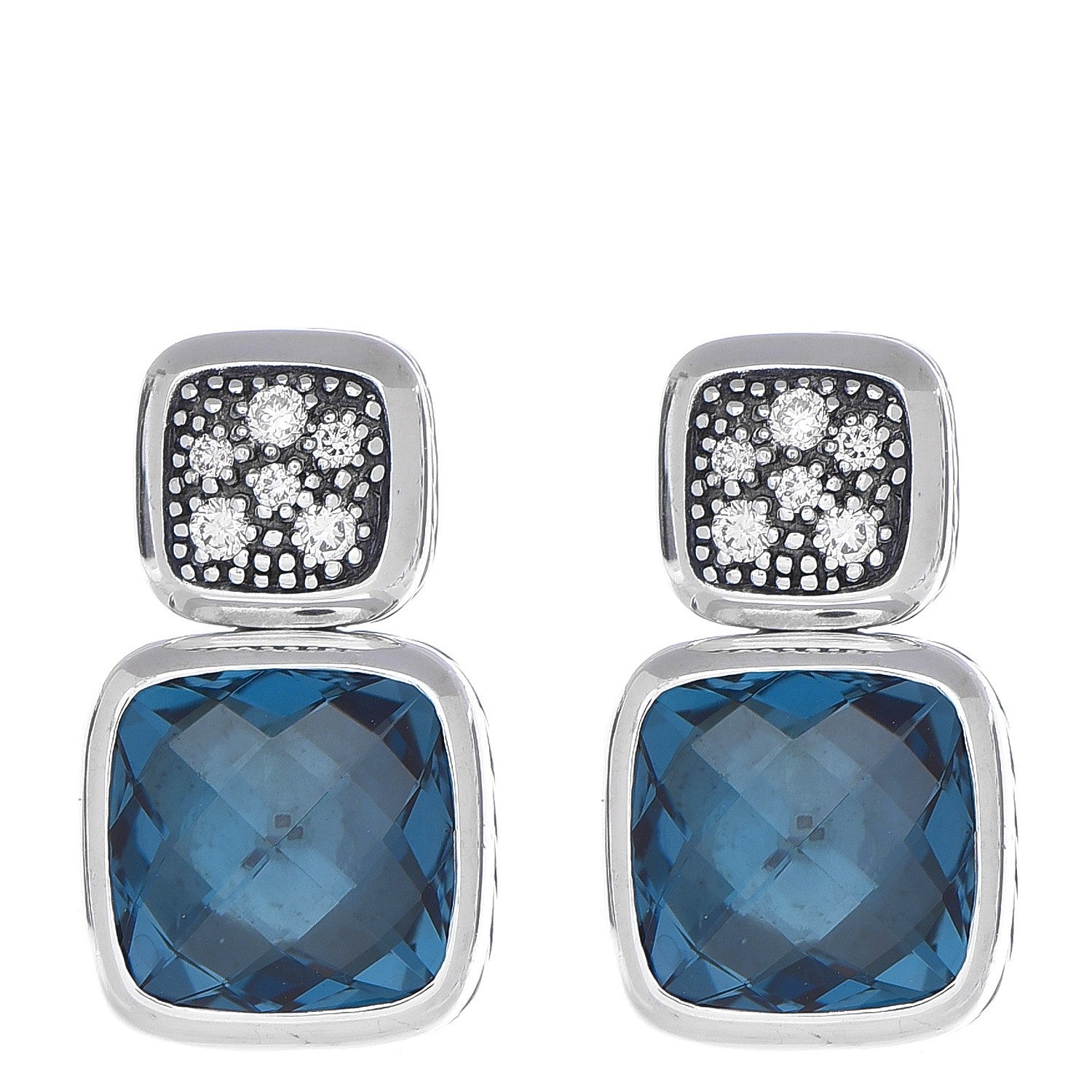 David Yurman Sterling Silver Diamond Blue Topaz 10mm Double Drop Chiclet Earrings 1 of 5