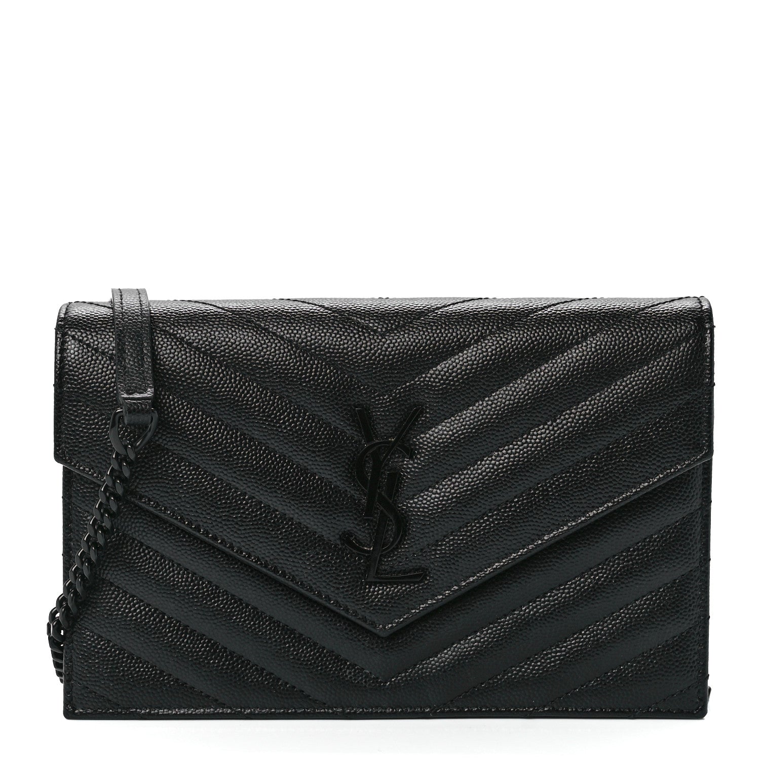 Saint Laurent Grain De Poudre Matelasse Chevron Monogram Monochrome Envelope Chain Wallet Black 1 of 12