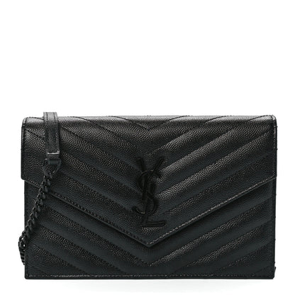 Saint Laurent Grain De Poudre Matelasse Chevron Monogram Monochrome Envelope Chain Wallet Black 1 of 12