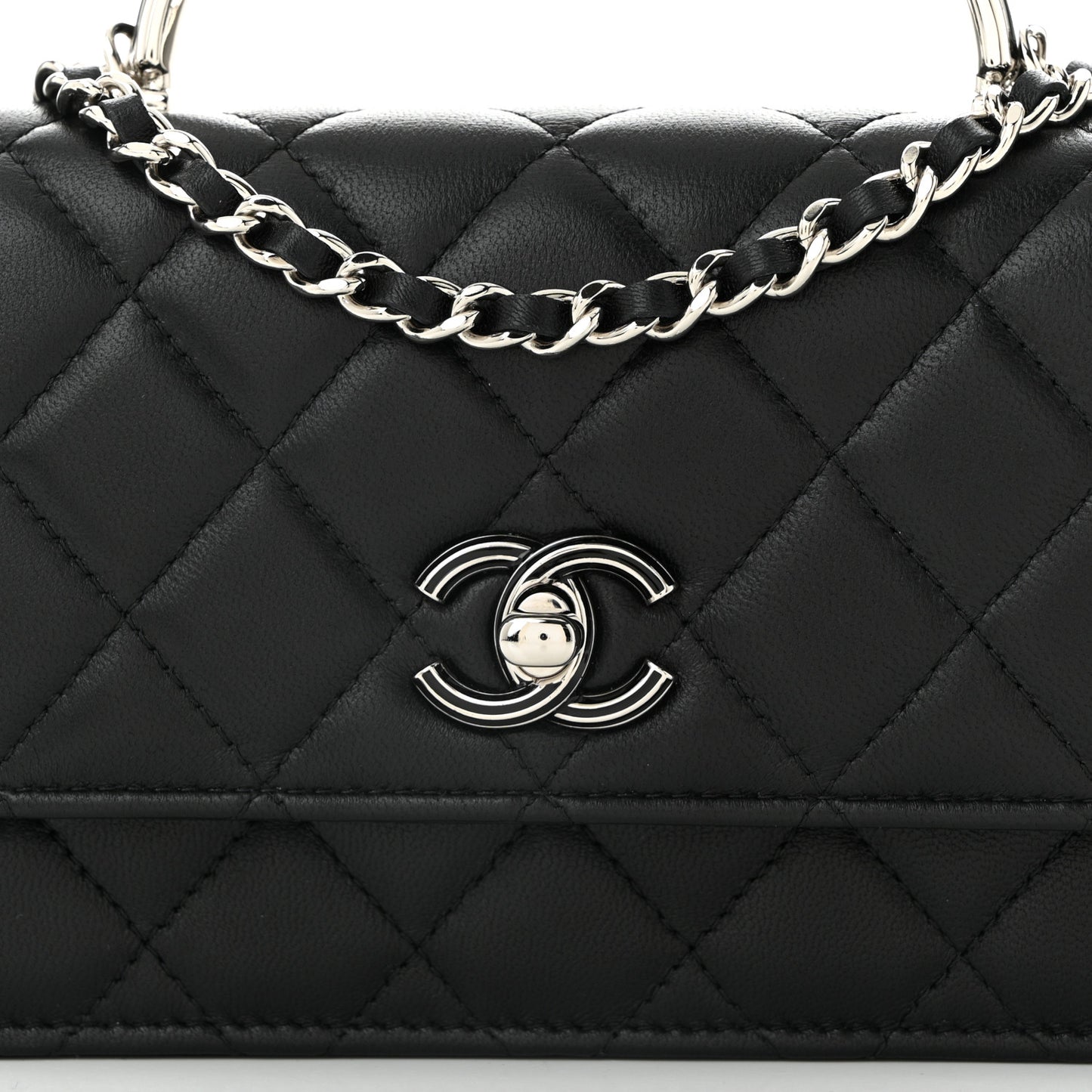 Lambskin Quilted Metal Top Handle Crossbody Flap Black