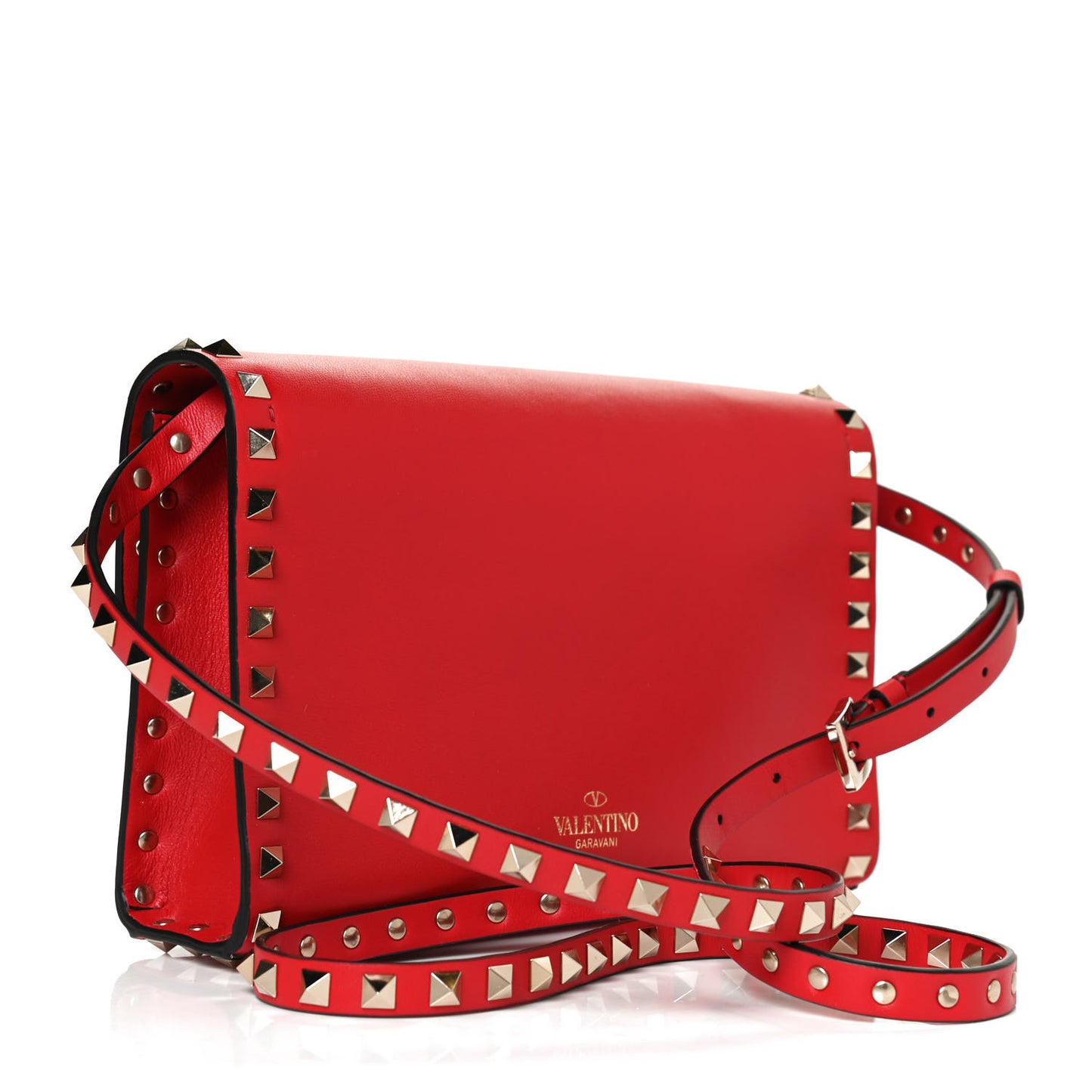 Vitello Medium Rockstud Flip Lock Crossbody Bag Rouge Pur