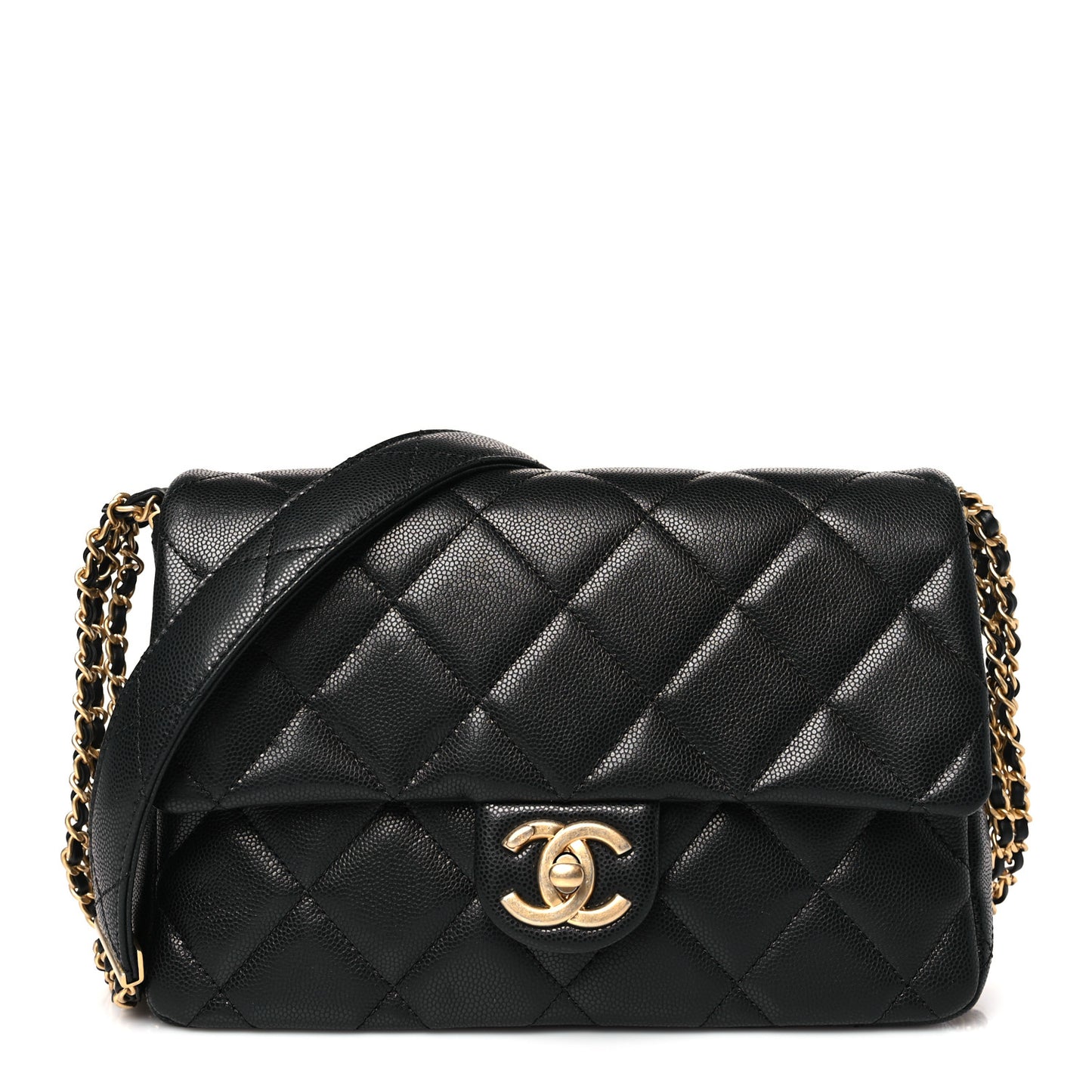 Caviar Quilted Chain Messenger Flap Bag Black