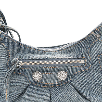 Balenciaga Washed Frayed Denim Crystal Small Le Cagole Shoulder Bag XS Blue 17 of 25