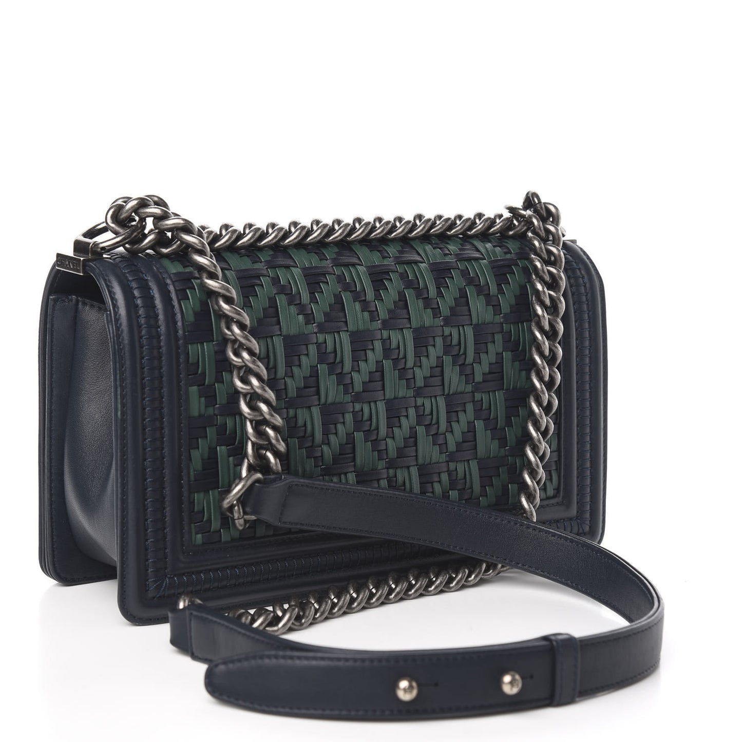 Calfskin Woven Medium Boy Flap Navy Green