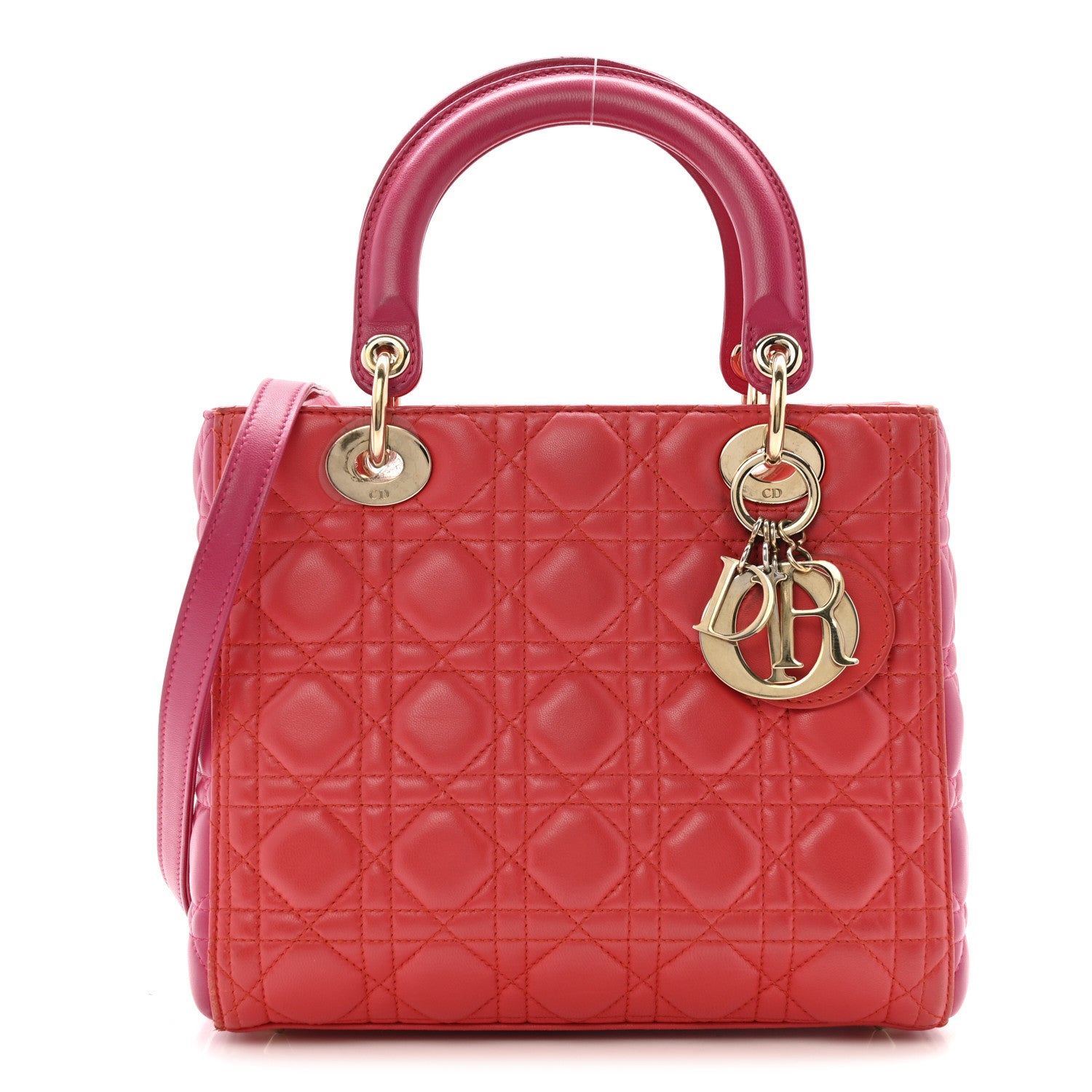 Christian Dior Lambskin Cannage Medium Bi-Color Lady Dior Orange Fuchsia 1 of 15