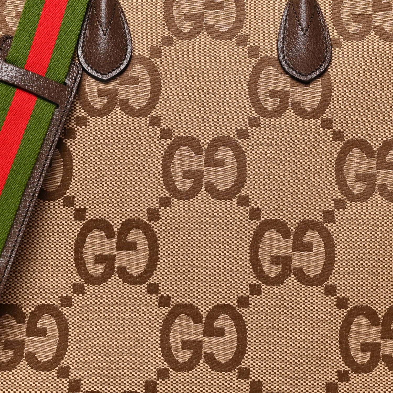 Gucci Monogram Jumbo GG Textured Dollar Calfskin Web Tote Bag Camel Ebony New Acero 8 of 10