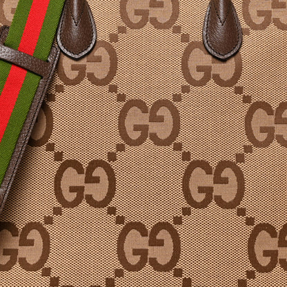 Gucci Monogram Jumbo GG Textured Dollar Calfskin Web Tote Bag Camel Ebony New Acero 8 of 10