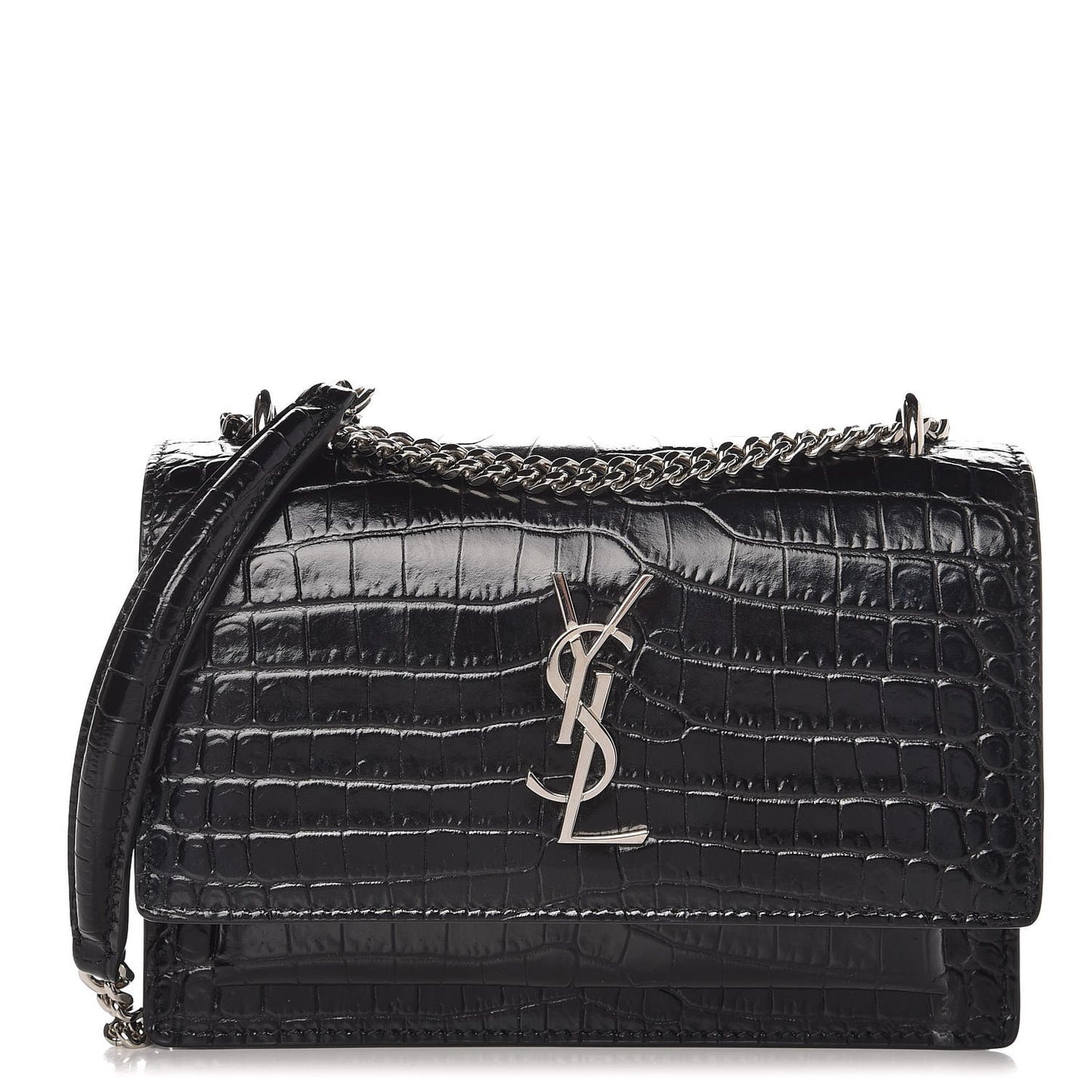 Calfskin Crocodile Embossed Monogram Sunset Chain Wallet Black
