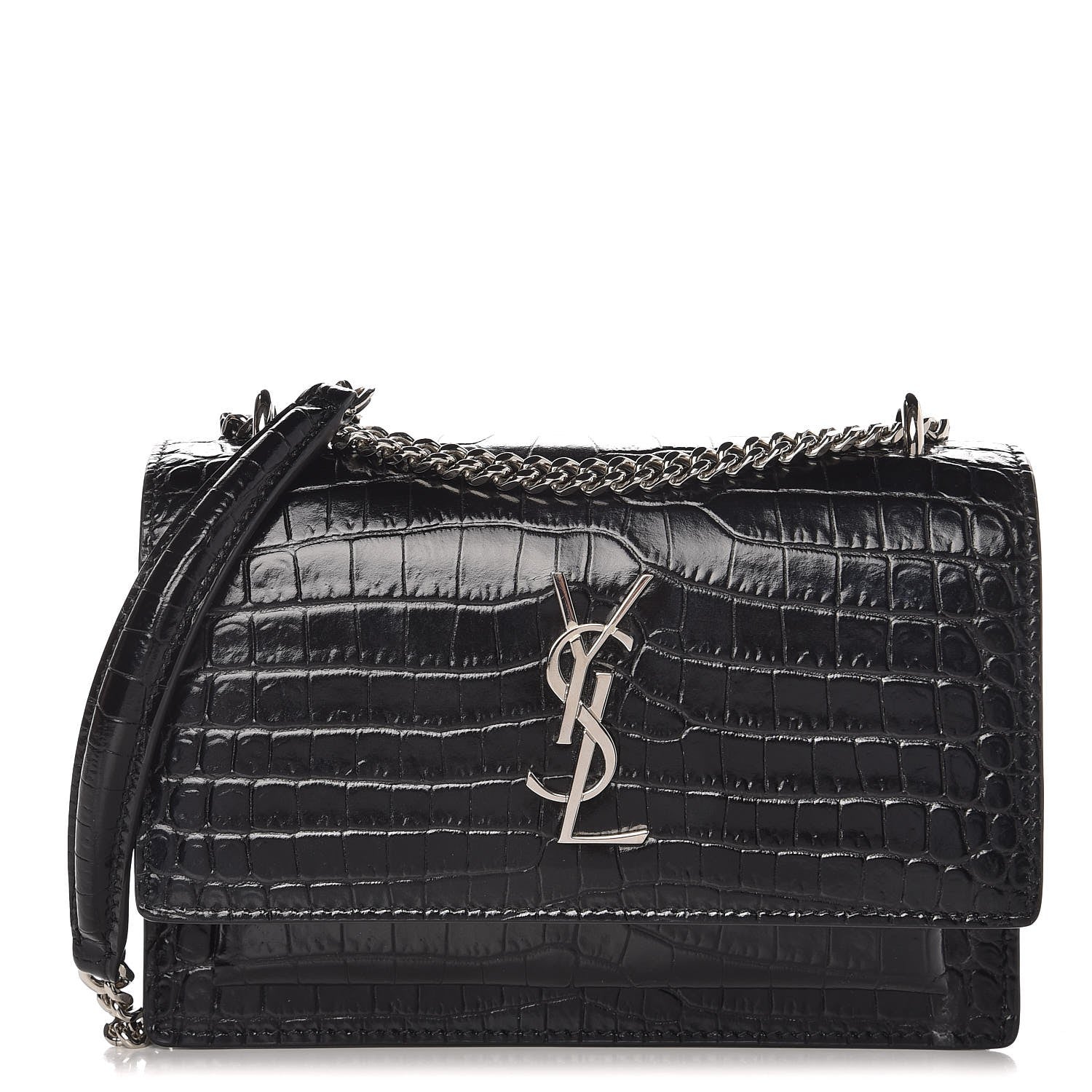 Saint Laurent Calfskin Crocodile Embossed Monogram Sunset Chain Wallet Black 1 of 8
