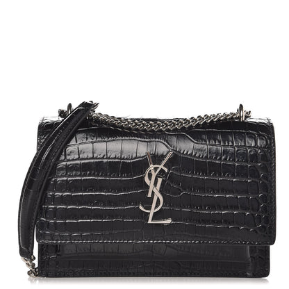 Saint Laurent Calfskin Crocodile Embossed Monogram Sunset Chain Wallet Black 1 of 8
