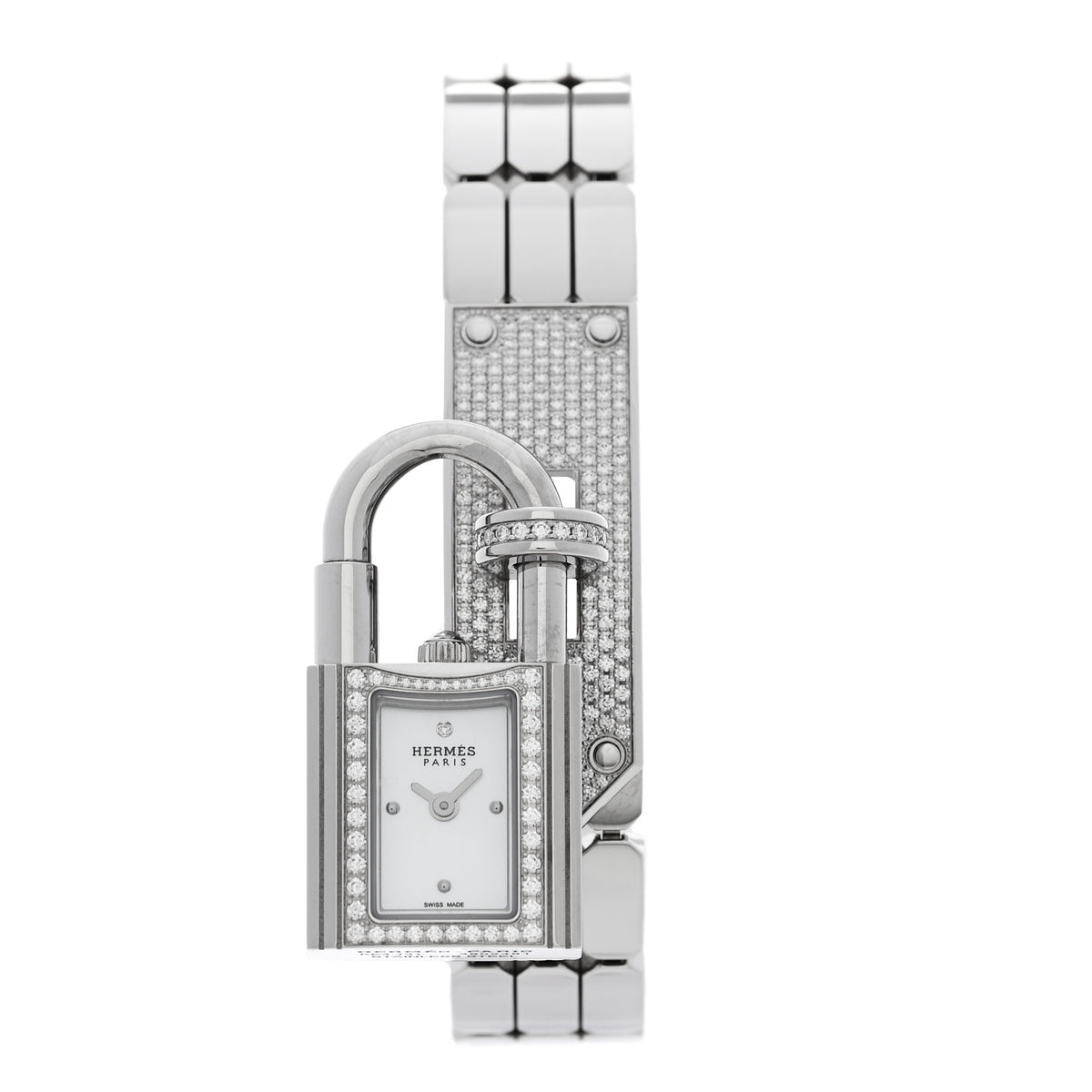 Hermes Stainless Steel Diamond Pave 16mm Kelly Quartz Watch 1 of 5