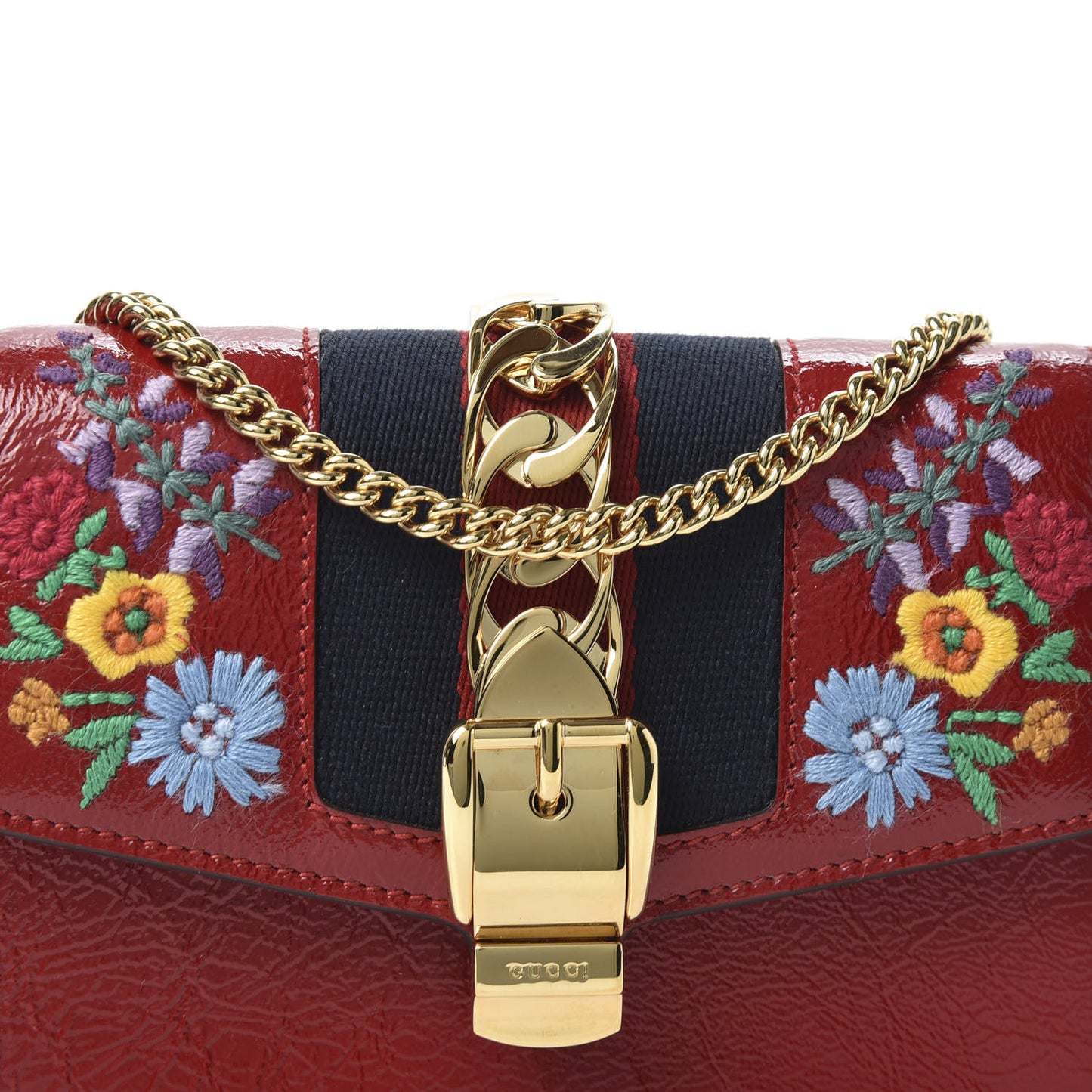Patent Embroidered Super Mini Sylvie Chain Shoulder Bag Hibiscus Red