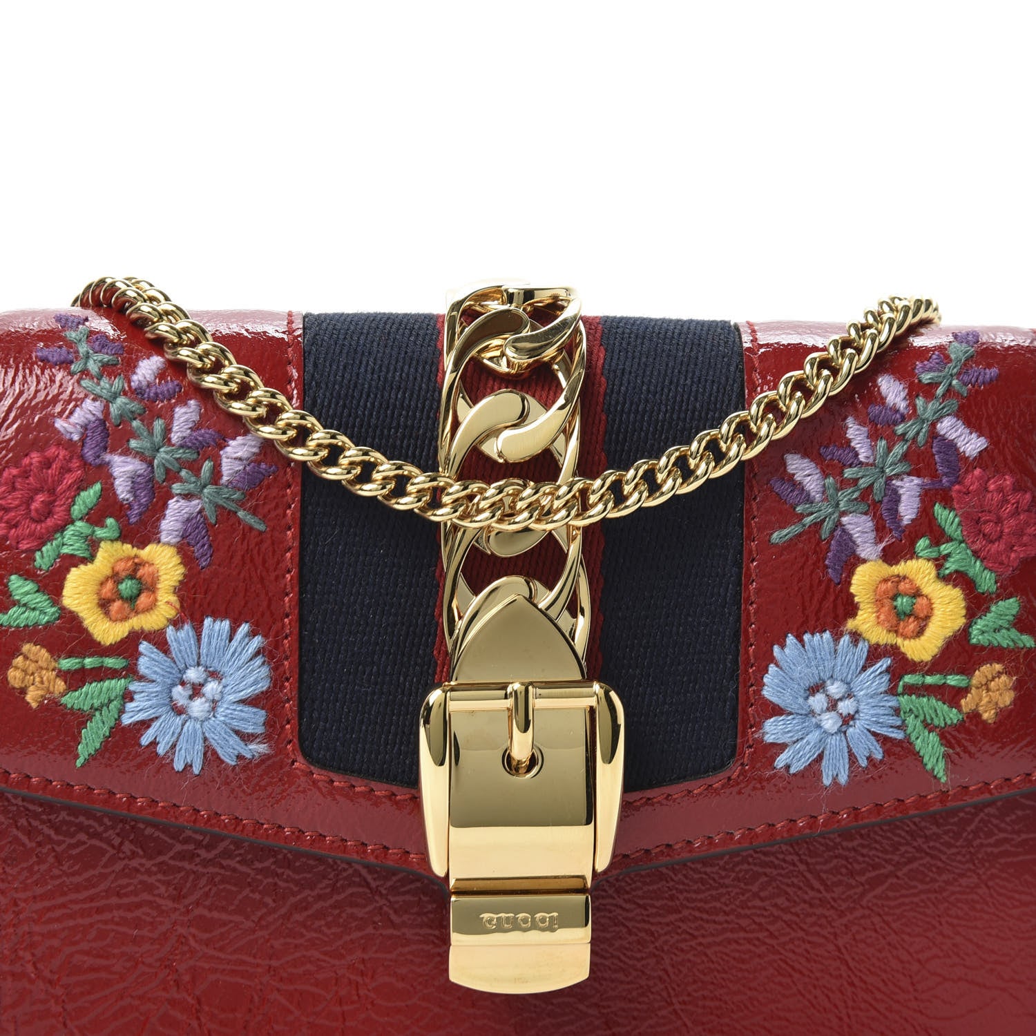 Gucci Patent Embroidered Super Mini Sylvie Chain Shoulder Bag Hibiscus Red 9 of 10