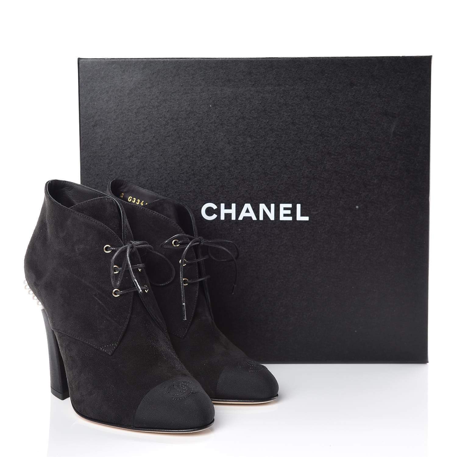 Chanel Suede Grosgrain Pearl Lace Up Booties 35.5 Black 9 of 9
