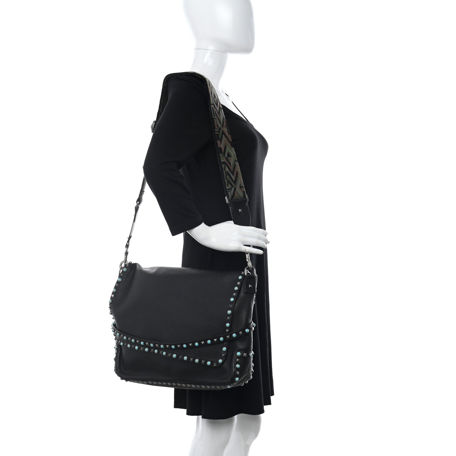 Valentino Garavani Pebbled Calfskin Rockstud Rolling Flap Messenger Bag Black 2 of 15
