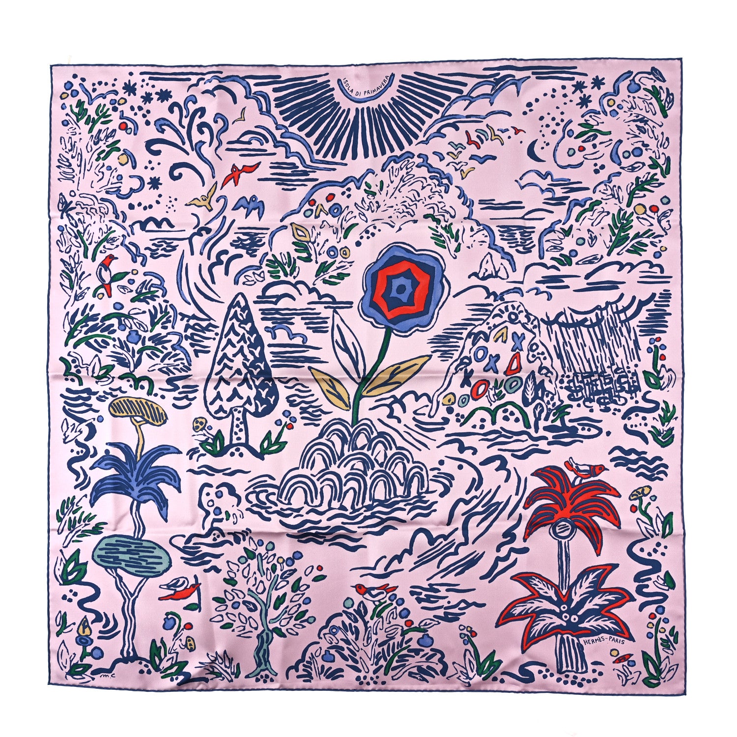 Hermes Silk Isola Di Primavera Scarf 90 Rose Fane Marine 1 of 3