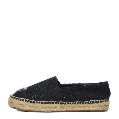 Chanel Tweed Patent Goatskin Sequin CC Espadrilles 38 Black 1 of 19