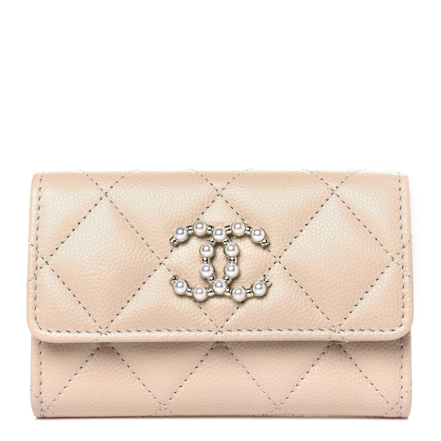Caviar Pearl Quilted Coco Candy Flap Card Holder Beige