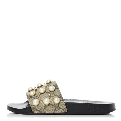Gucci GG Supreme Monogram Pearls Slide Sandals 35 Beige 1 of 7