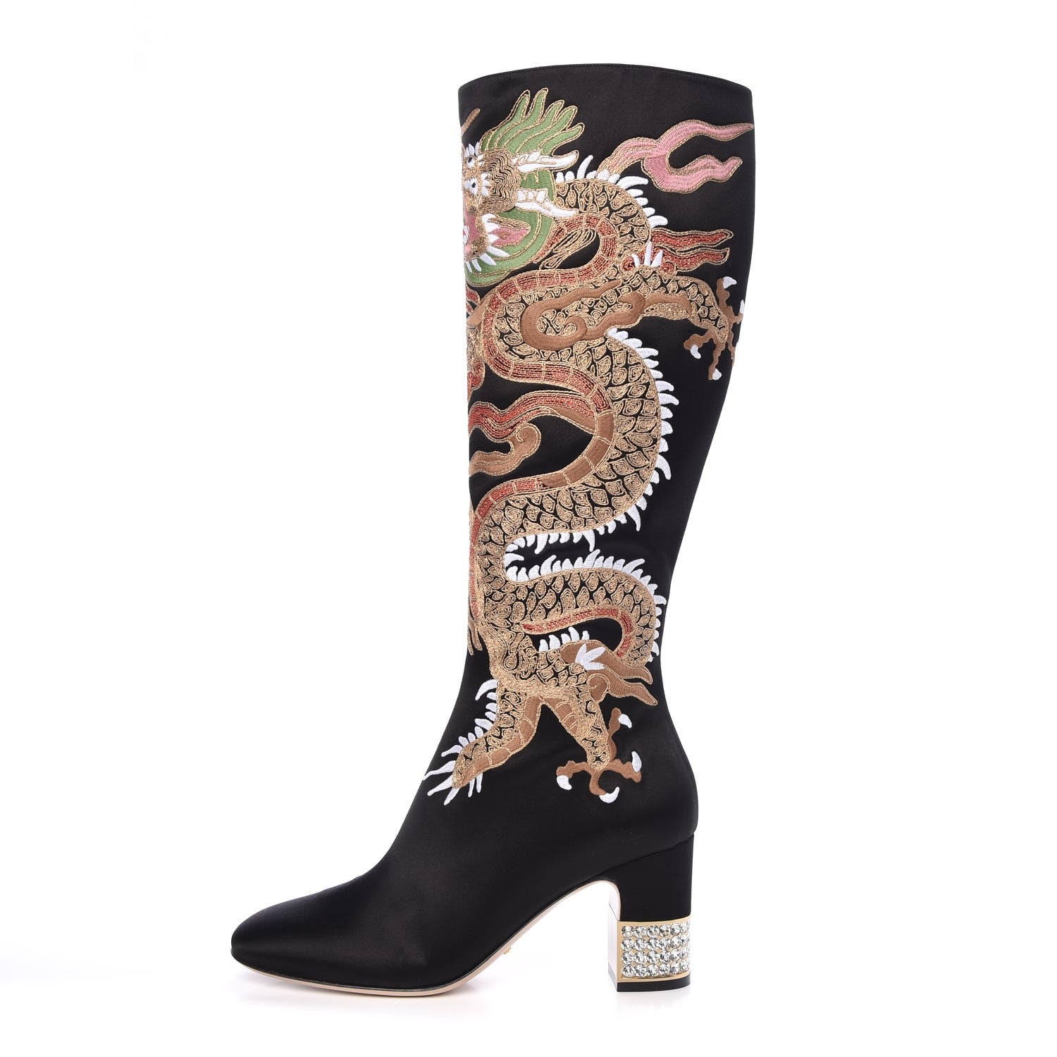 Gucci Silk Satin Malaga Kid Embroidered Candy Dragon Block-Heel Knee Boot 39 Black 2 of 14