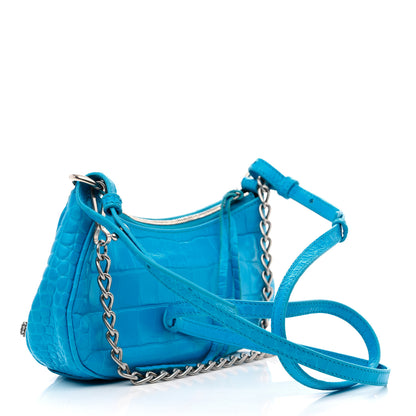 Balenciaga Extra Supple Calfskin Crocodile Embossed Crystal Mini Le Cagole Purse With Chain Cyan 3 of 11