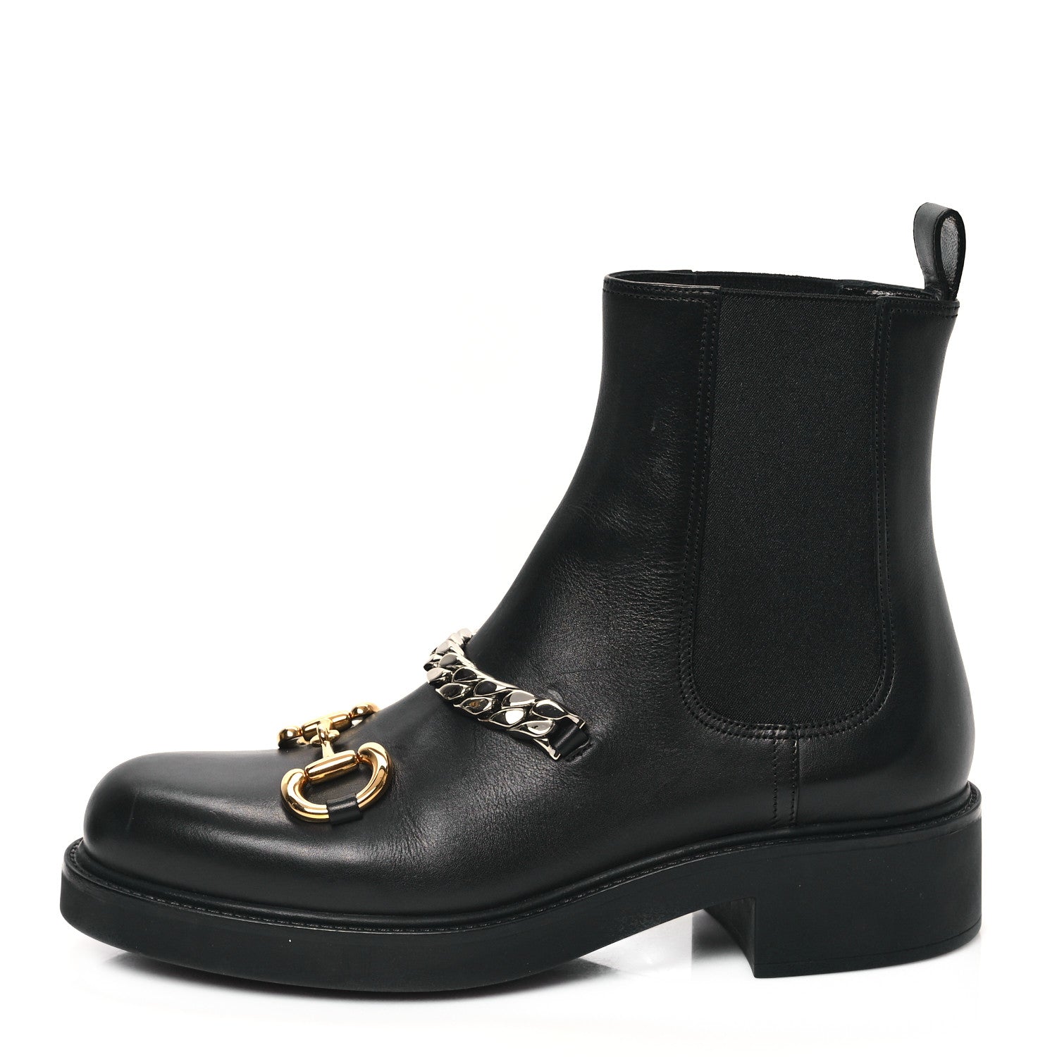 Gucci Flores Calfskin Horsebit Chain Ankle Boots 40.5 Black 1 of 9