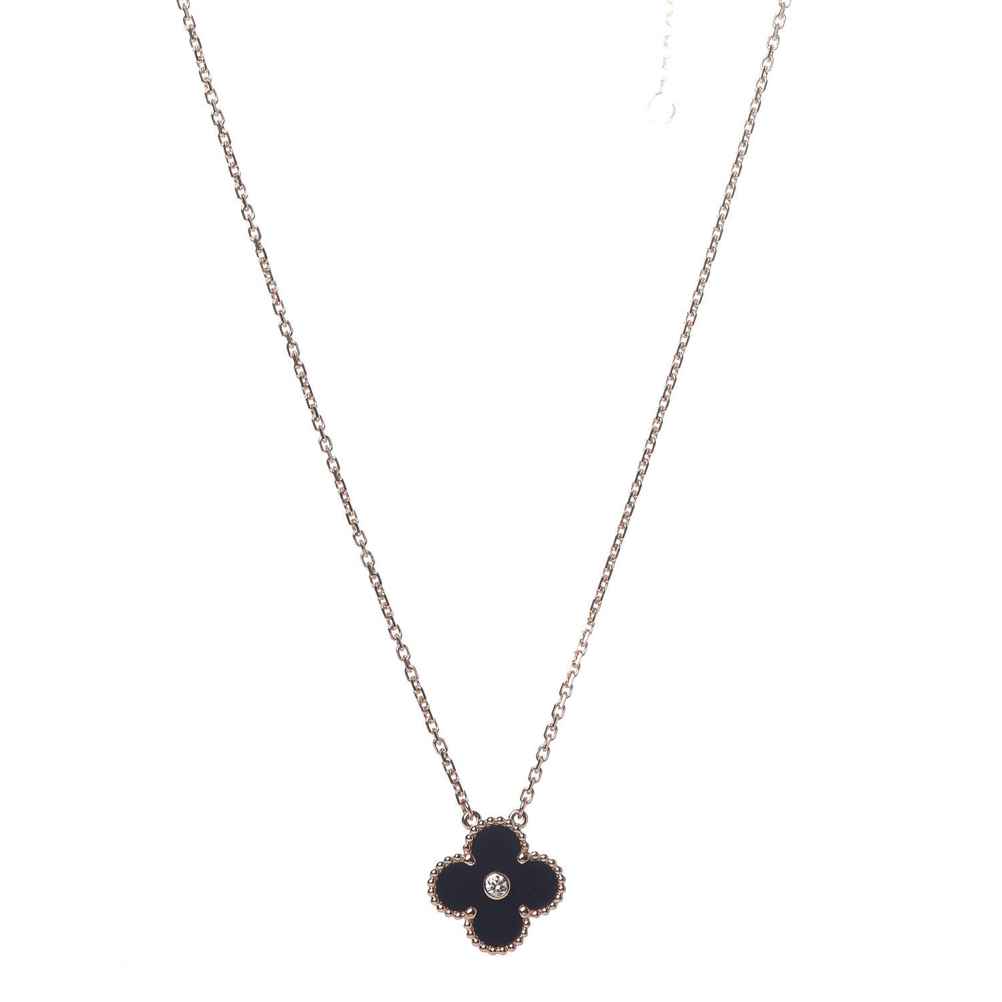 18K Rose Gold Diamond Black Onyx Vintage Alhambra Pendant Necklace