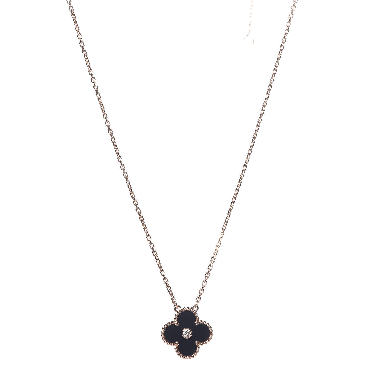Van Cleef & Arpels 18K Rose Gold Diamond Black Onyx Vintage Alhambra Pendant Necklace 1 of 6