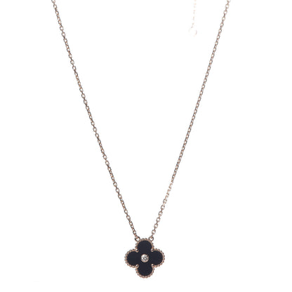 Van Cleef & Arpels 18K Rose Gold Diamond Black Onyx Vintage Alhambra Pendant Necklace 1 of 6
