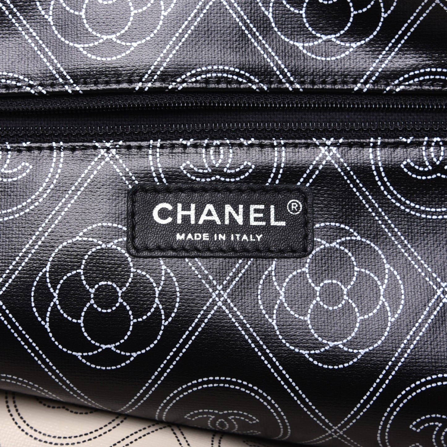 Coated Canvas Camellia Large Shopping Tote Black Beige