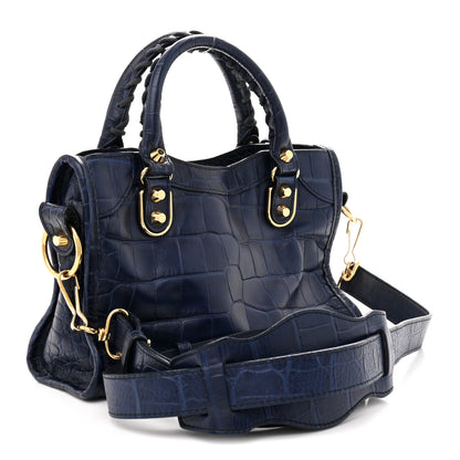 Balenciaga Calfskin Crocodile Embossed Gold Metallic Edge Hardware Mini City Bleu 4 of 13